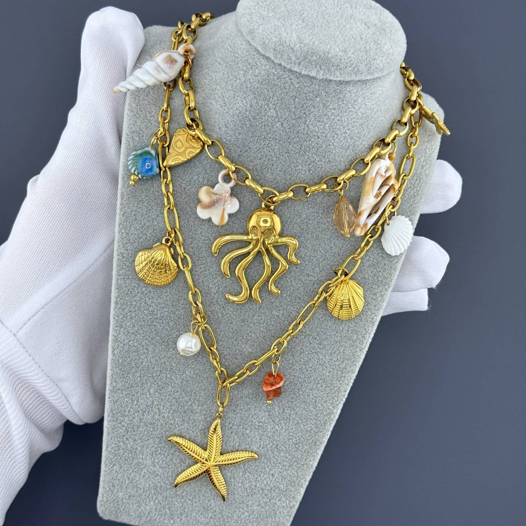 Starfish And Seashell Necklace, 18K Gold Plated Steel