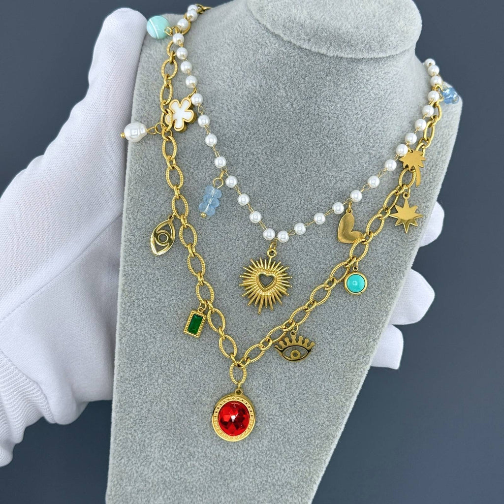 Evil Eyes Necklace, 18K Gold Plated Steel