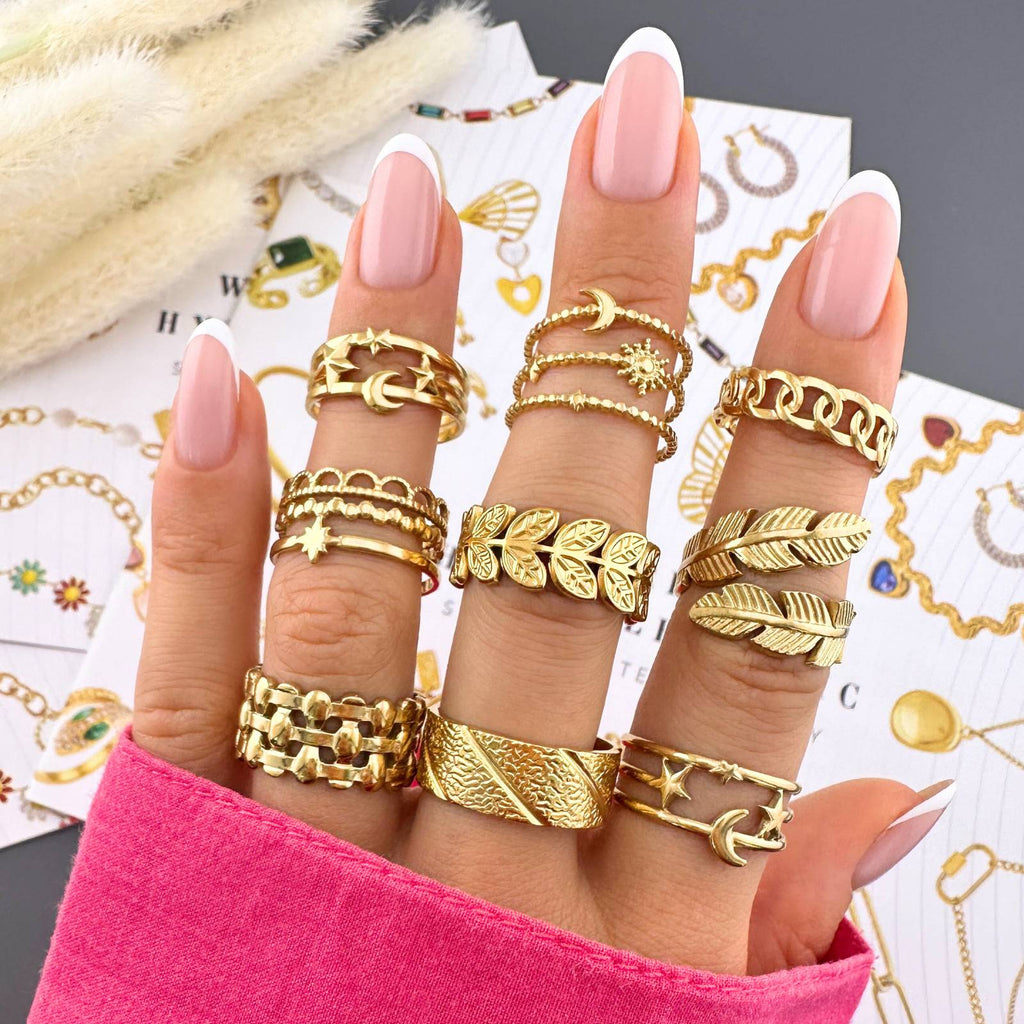 Crescent And Star Ring, 18K Gold Plated Steel