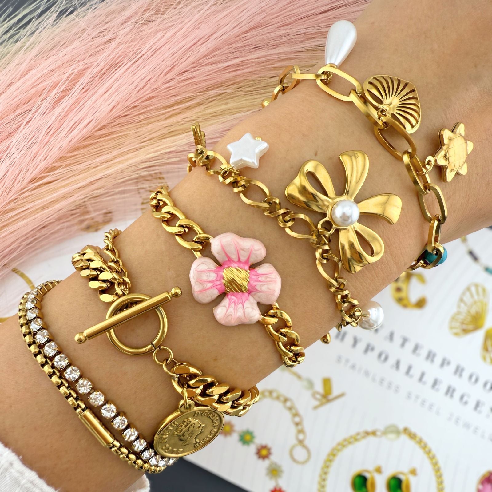 Hearts Bracelet, 18K Gold Plated Steel