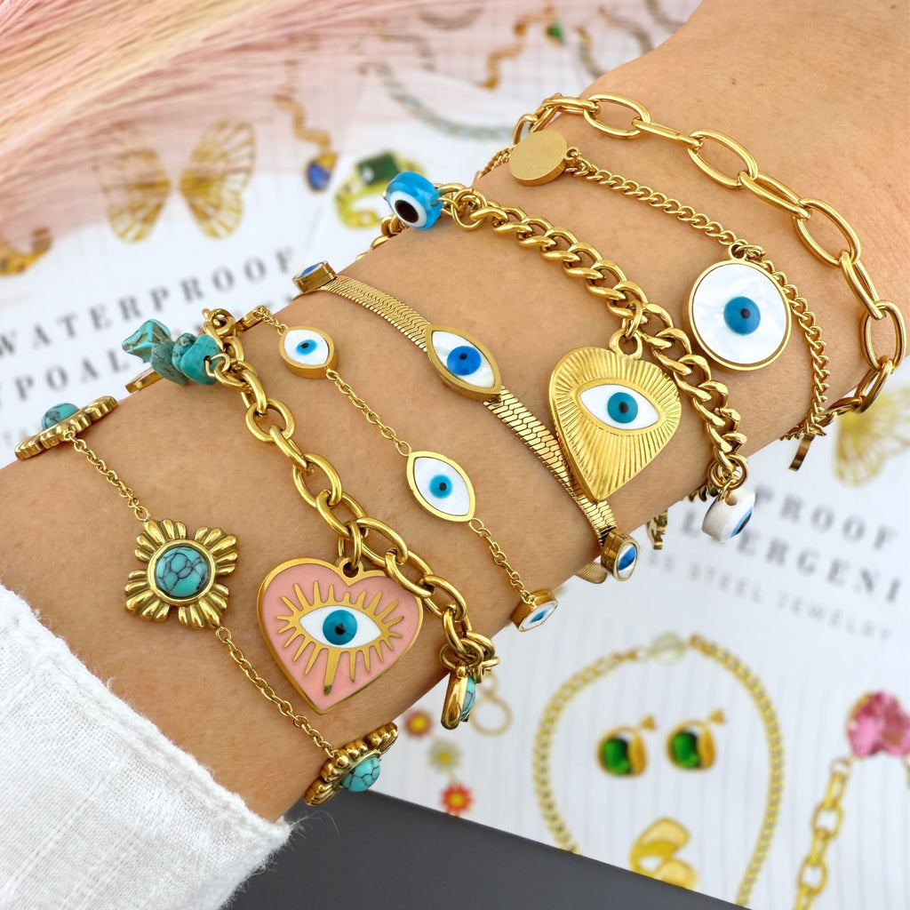 Evil Eye Bracelet, 18K Gold Plated Steel