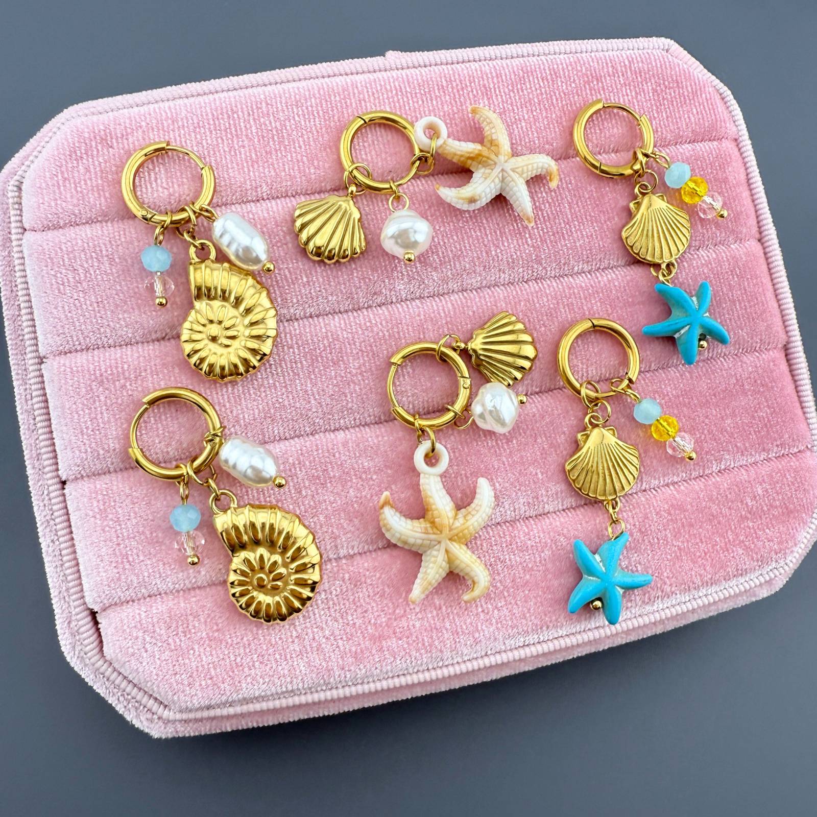 Starfish And Seashell Earrings, 18K Gold Plated Steel