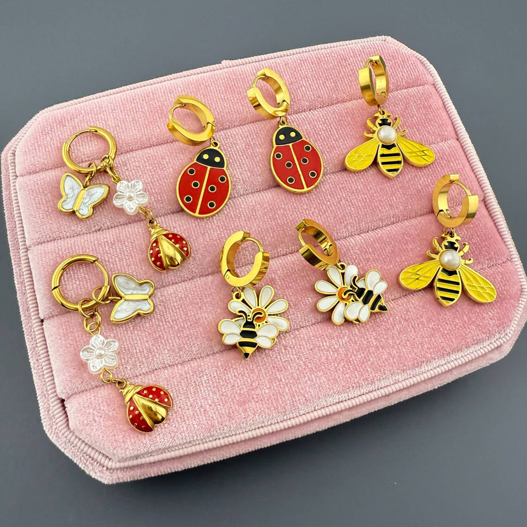 Ladybugs Earrings, 18K Gold Plated Steel