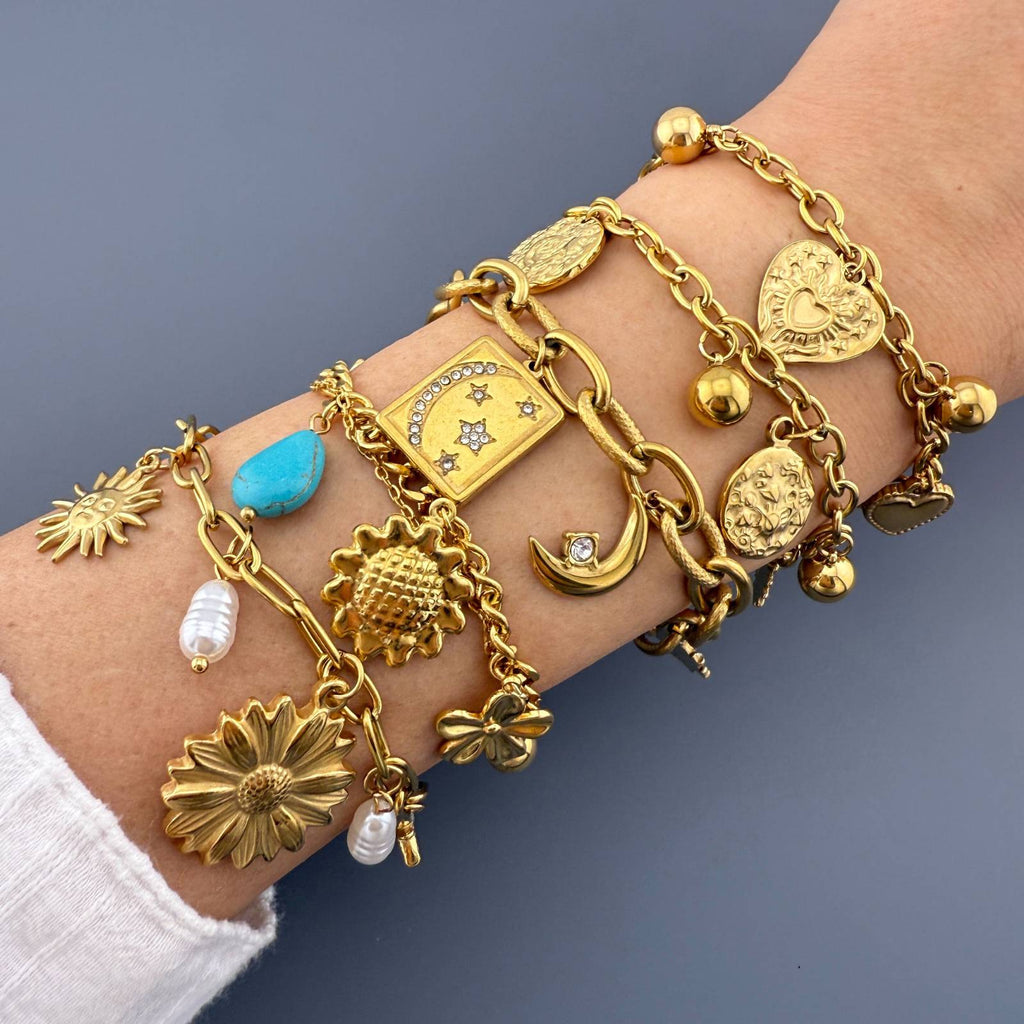 Crescent And Star Bracelet, 18K Gold Plated Steel