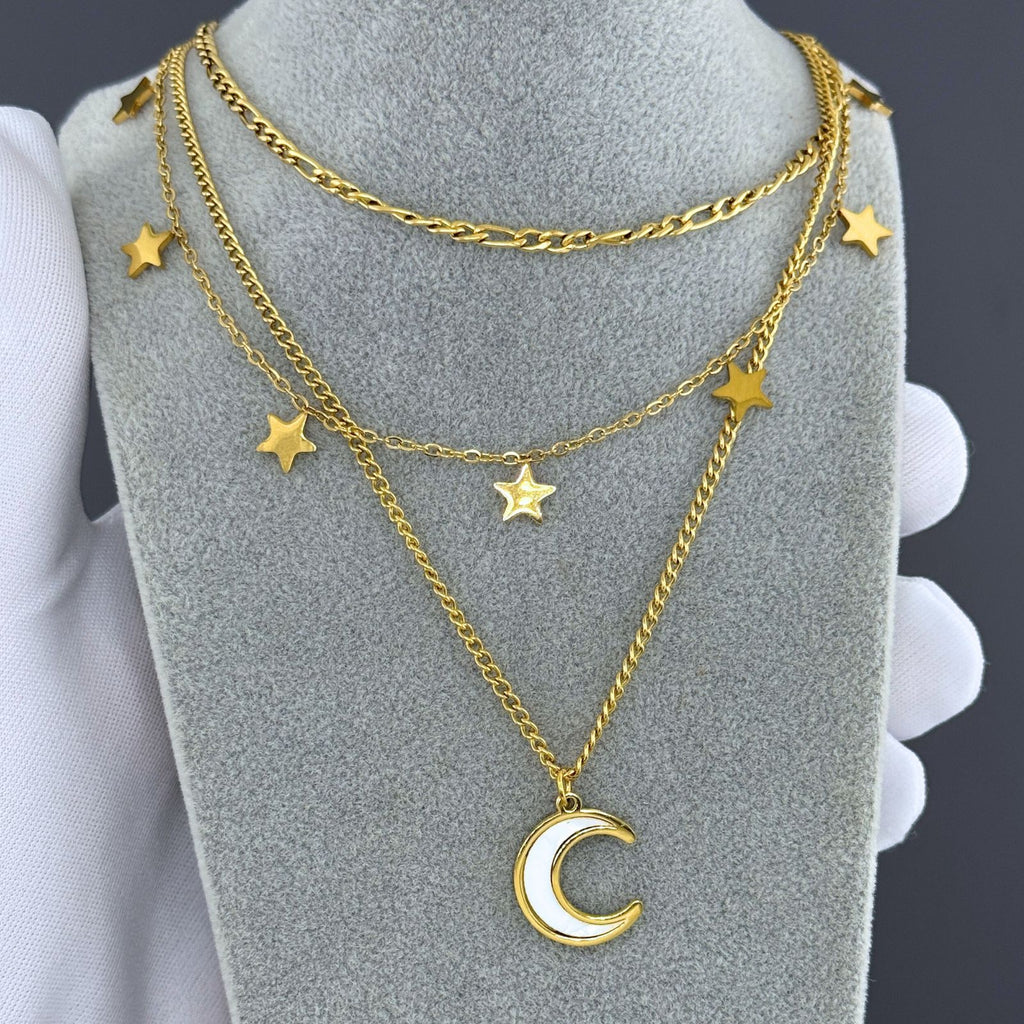 Crescent And Star Necklace, 18K Gold Plated Steel