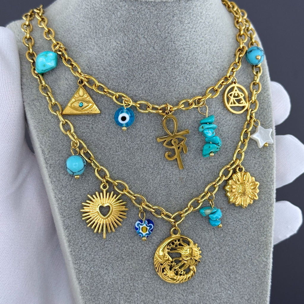 Evil Eyes Necklace, 18K Gold Plated Steel