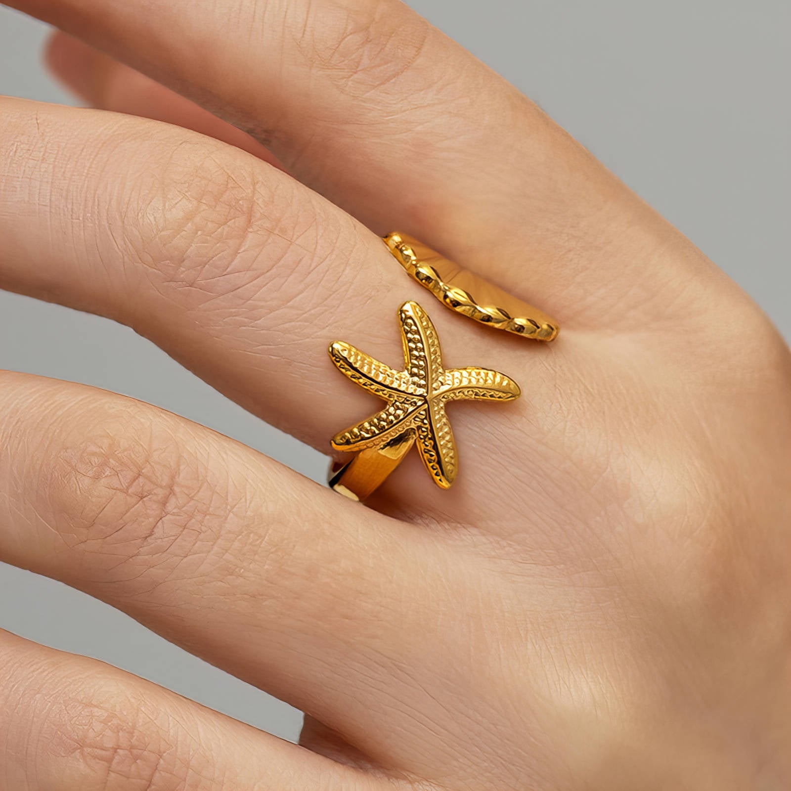 Starfish And Seashell Ring, 18K Gold Plated Steel