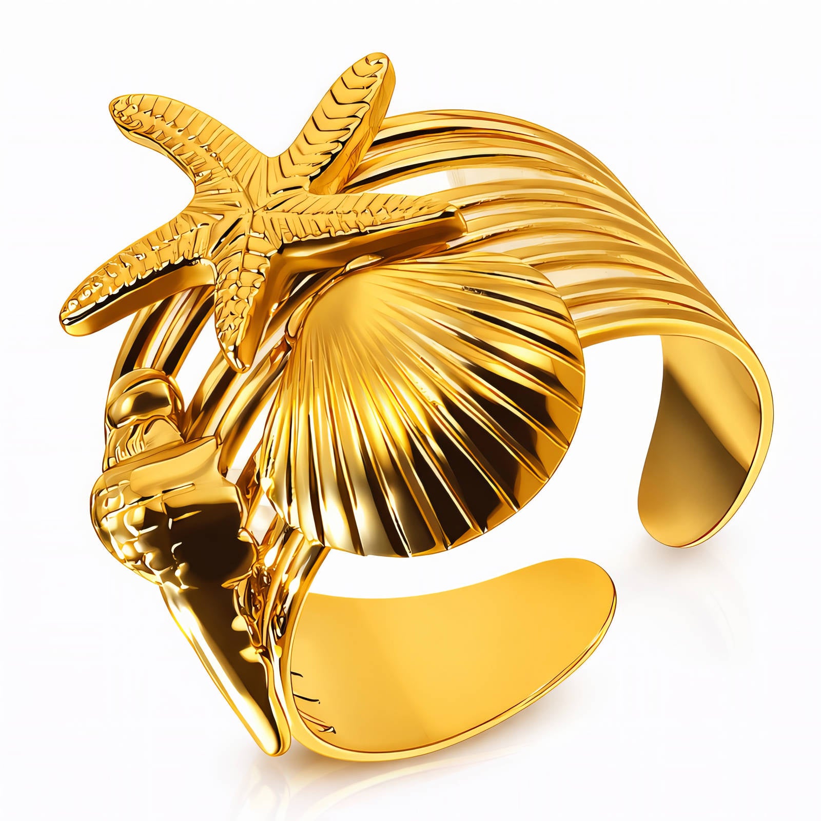 Starfish and Seashell Ring, 18K Gold Plated Steel