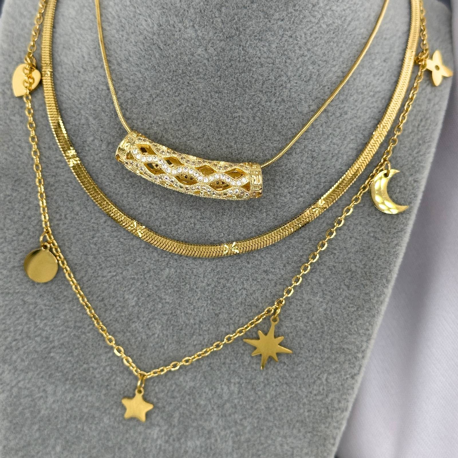 Crescent And Star Necklace, 18K Gold Plated Steel