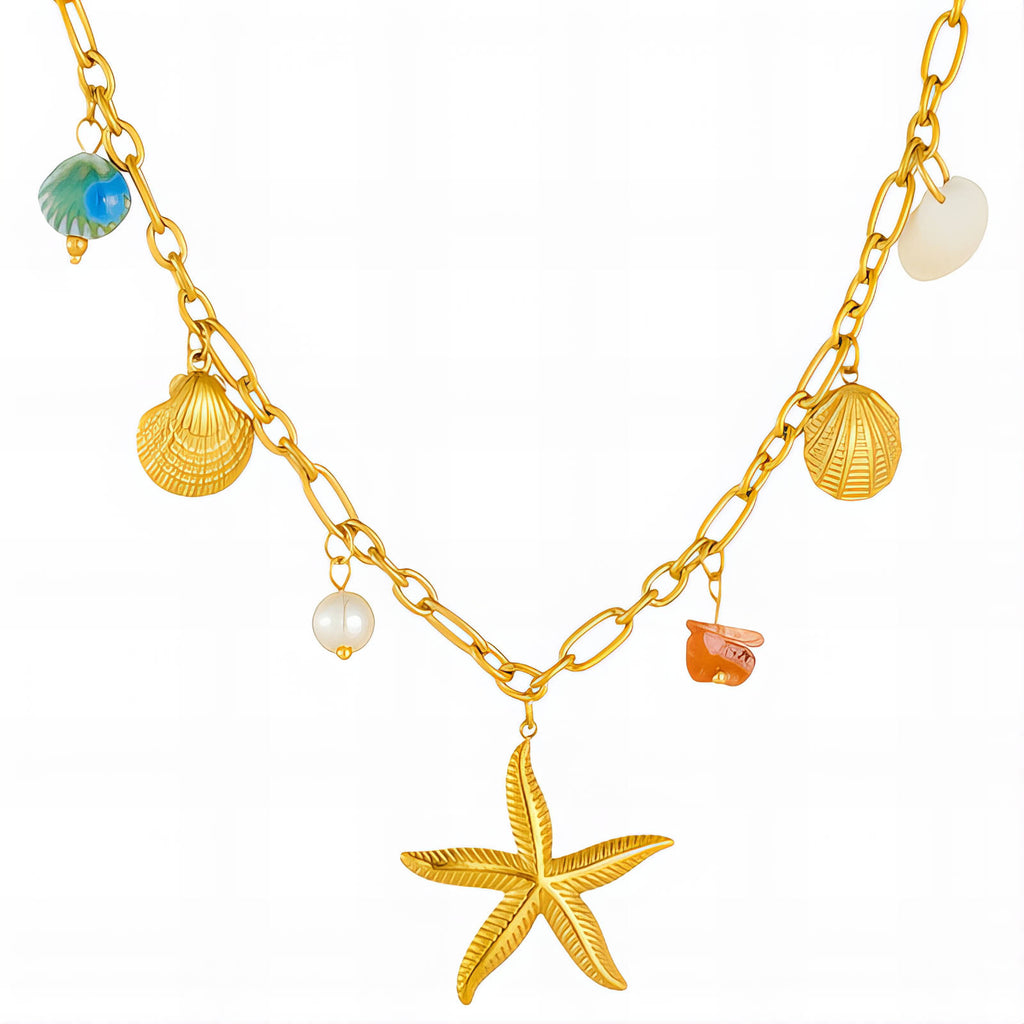 Starfish And Seashell Necklace, 18K Gold Plated Steel