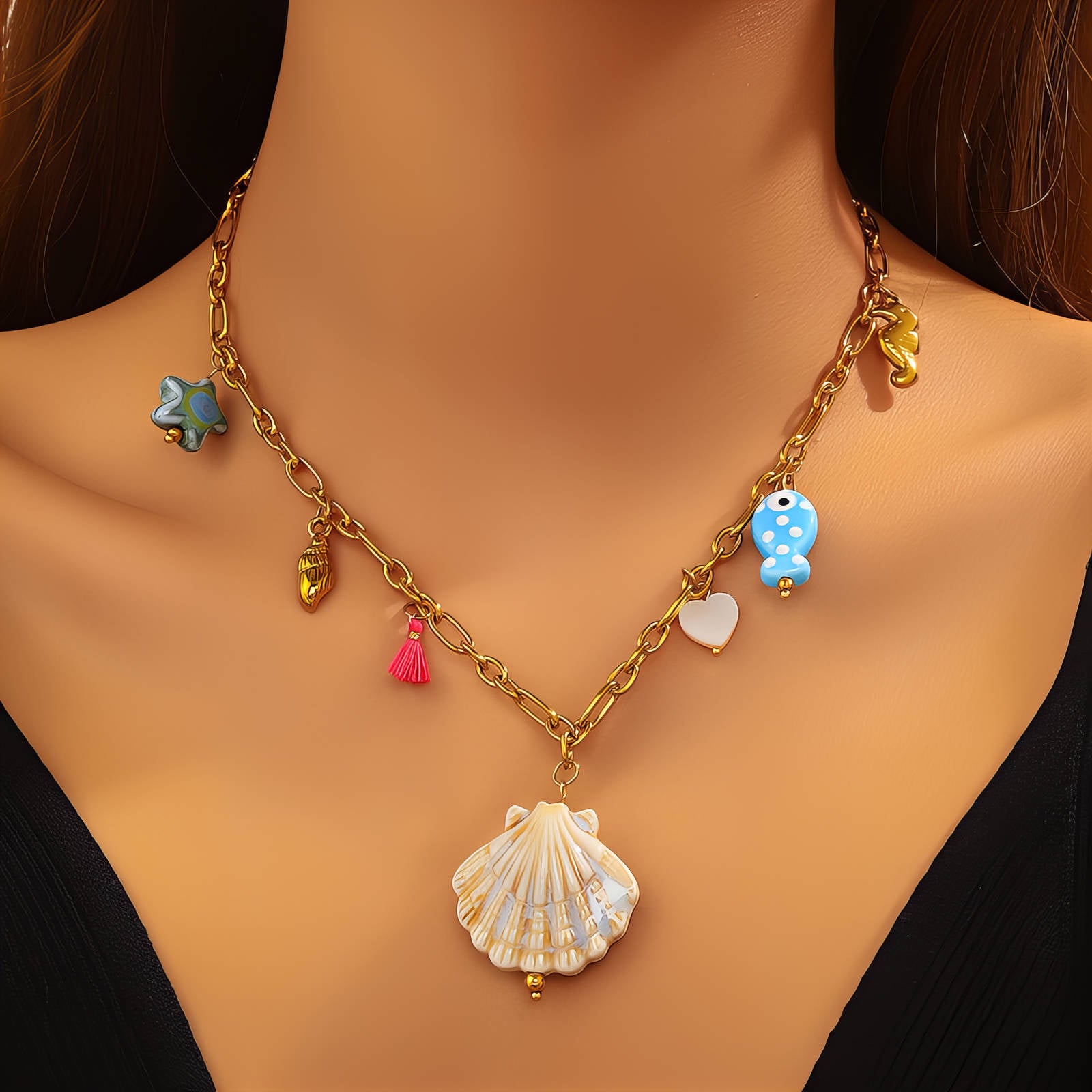 Seashells Necklace, 18K Gold Plated Steel