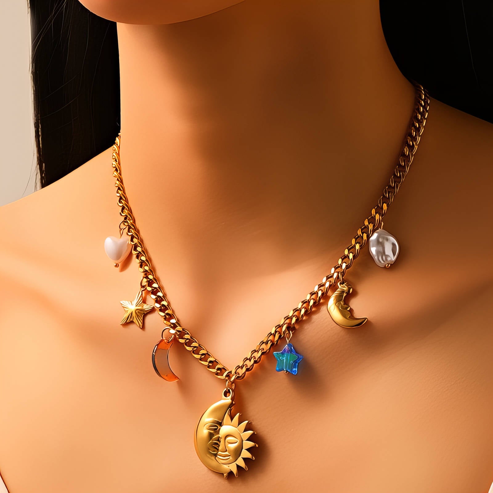 Crescent And Sun Necklace, 18K Gold Plated Steel