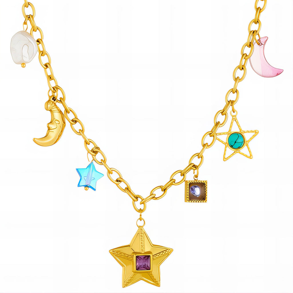 Crescent And Star Necklace, 18K Gold Plated Steel