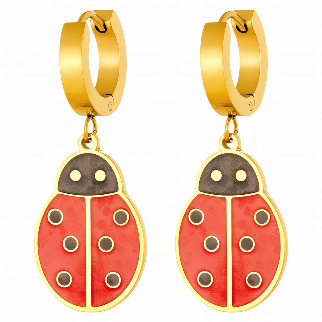 Ladybugs Earrings, 18K Gold Plated Steel