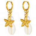 Starfish And Seashell Earrings, 18K Gold Plated Steel