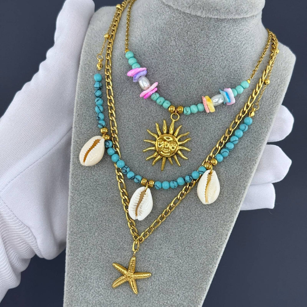Starfish And Seashell Necklace, 18K Gold Plated Steel