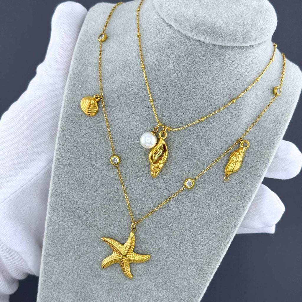 Starfish And Seashell Necklace, 18K Gold Plated Steel